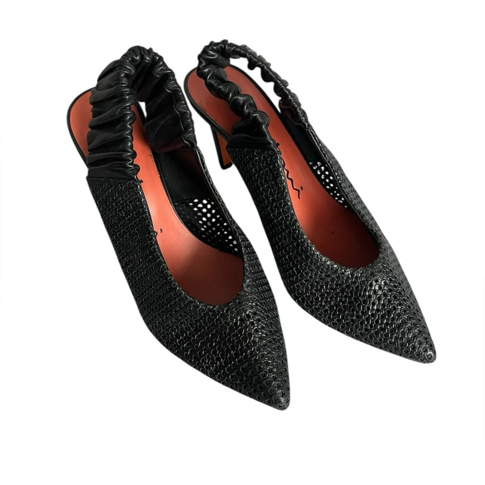 Santoni Black Woven Leather Slingback Heels | Size 36.5 (6.5 US)